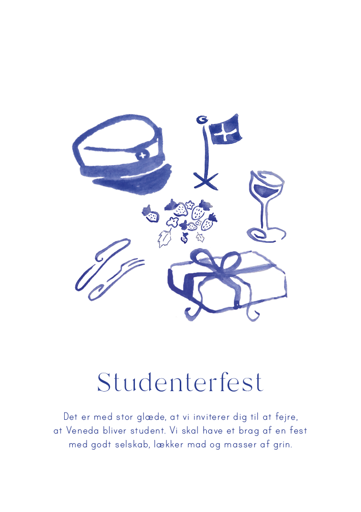 
                Sæt scenen for den store studenterfest med en invitation med blå håndmalede akvarelmotiver. At blive student fortjener et brag af en fest og er en stor milepæl for studenten. En invitation, der afspejler den skønne studentertid samtidig med, at den er personliggjort med eget indhold, bidrager til en helstøbt fest, som gæsterne kan glæde sig til. Studenterinvitationen fra HF-, HHX- eller HTX-studenten kan være starten på den røde tråd til din fest, hvor matchende bordkort, velkomstskilt og meget mere kan skabe en helstøbt stemning på dagen.                